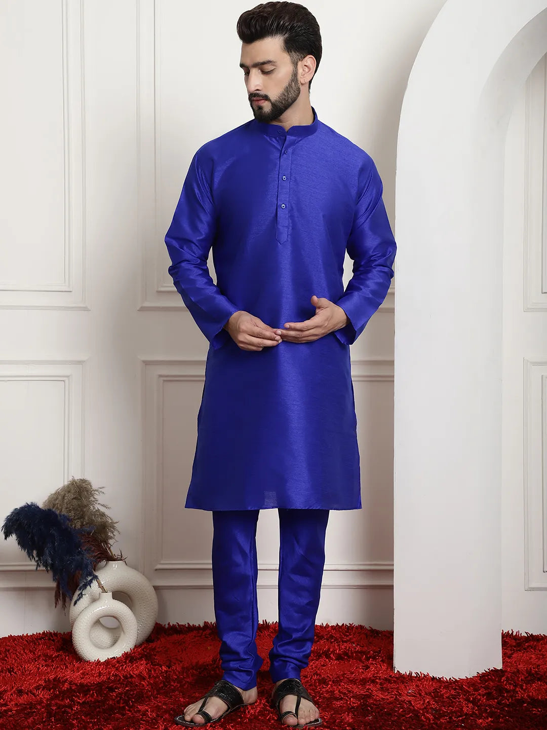 Regal Splendor Royal Blue Silk Dupion Kurta and Churidar Set - Timeless Elegance for Men