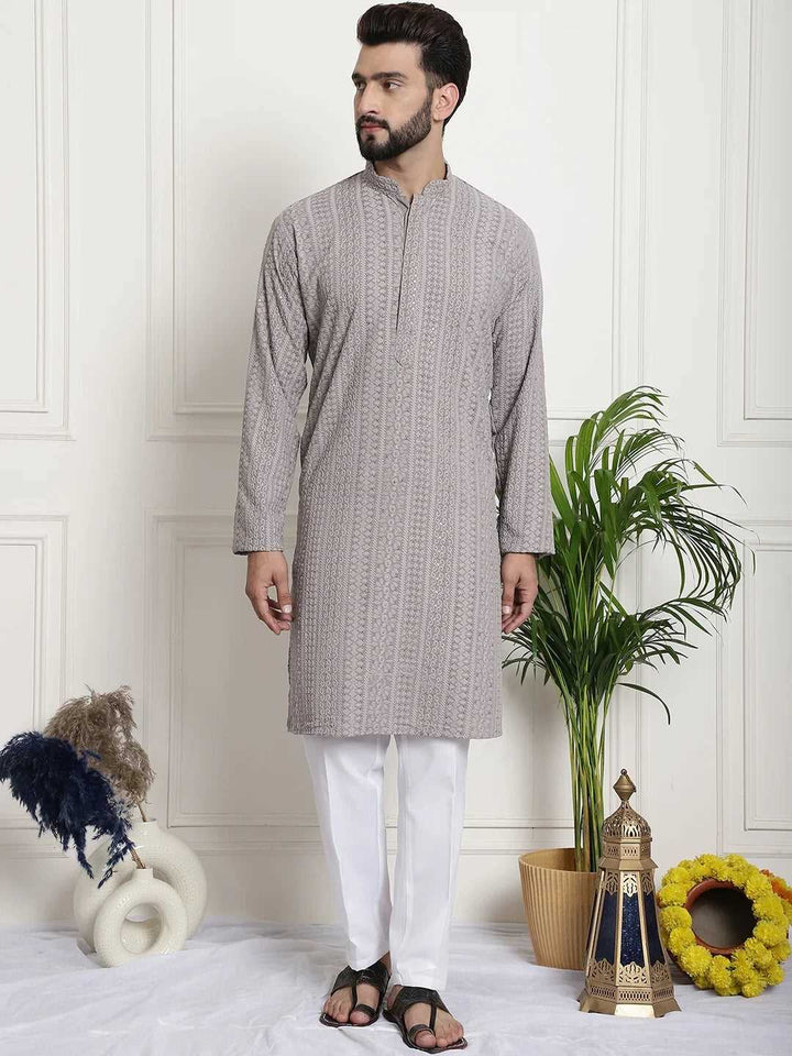 Men's Grey Chikankari Embroidered & Sequence Kurta Pant Set