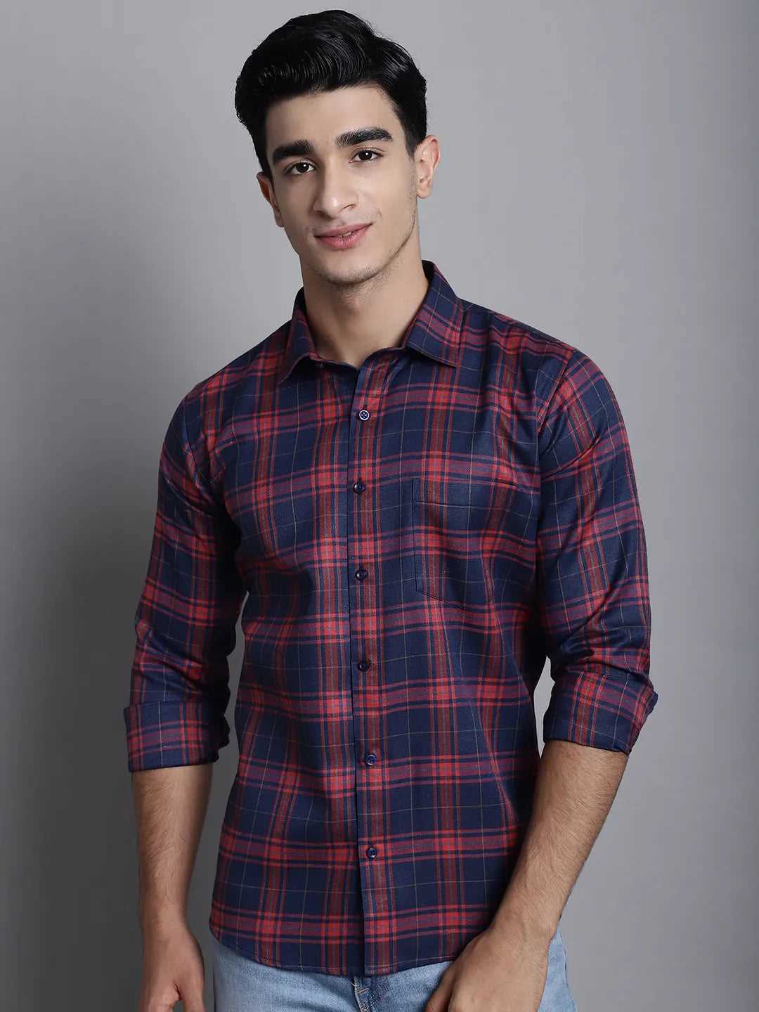 Fireside Elegance Men's Red Check Casual Cotton Shirt