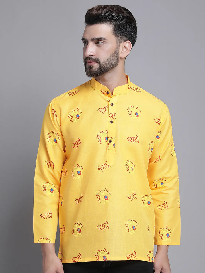 Yellow Radhe Radhe Design Short Kurta for Men