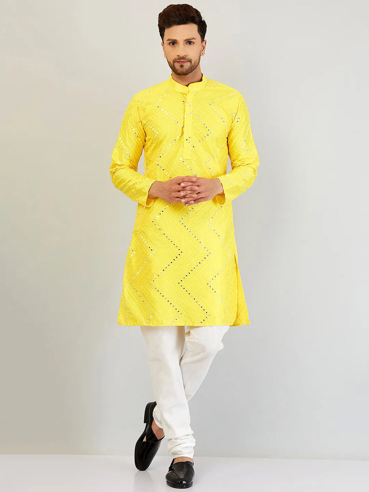 Sunny Radiance Yellow Mirror Work Kurta and Churidar Set for Men - Illuminate Every Occasion with Style