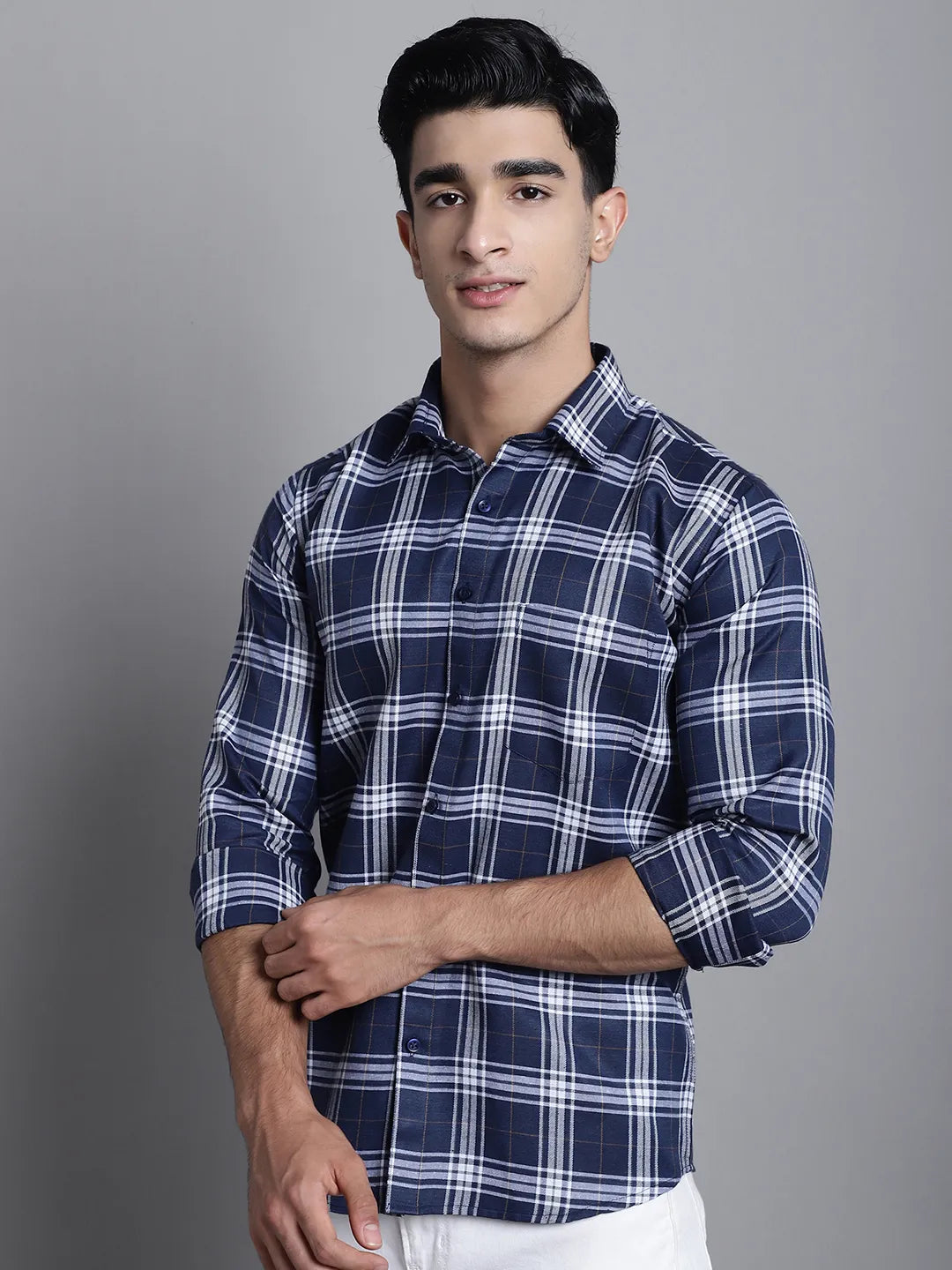 Men's Dark Blue Check Casual Cotton Shirt