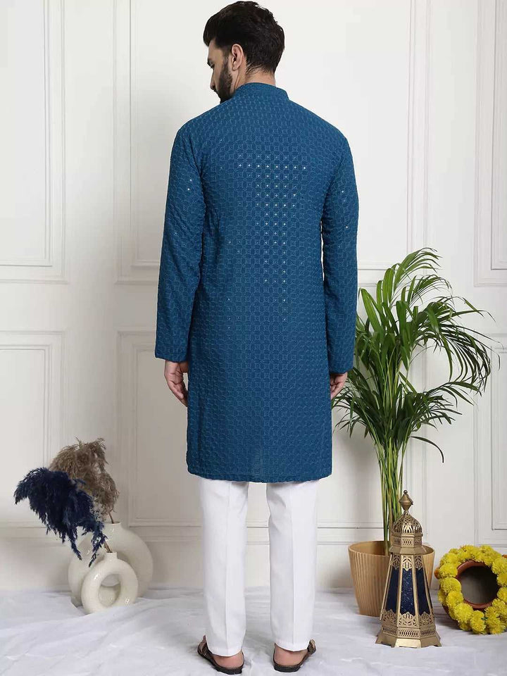 Men's Peacock Blue Cotton Kurta Pant Embrace Cool Comfort and Classic Style