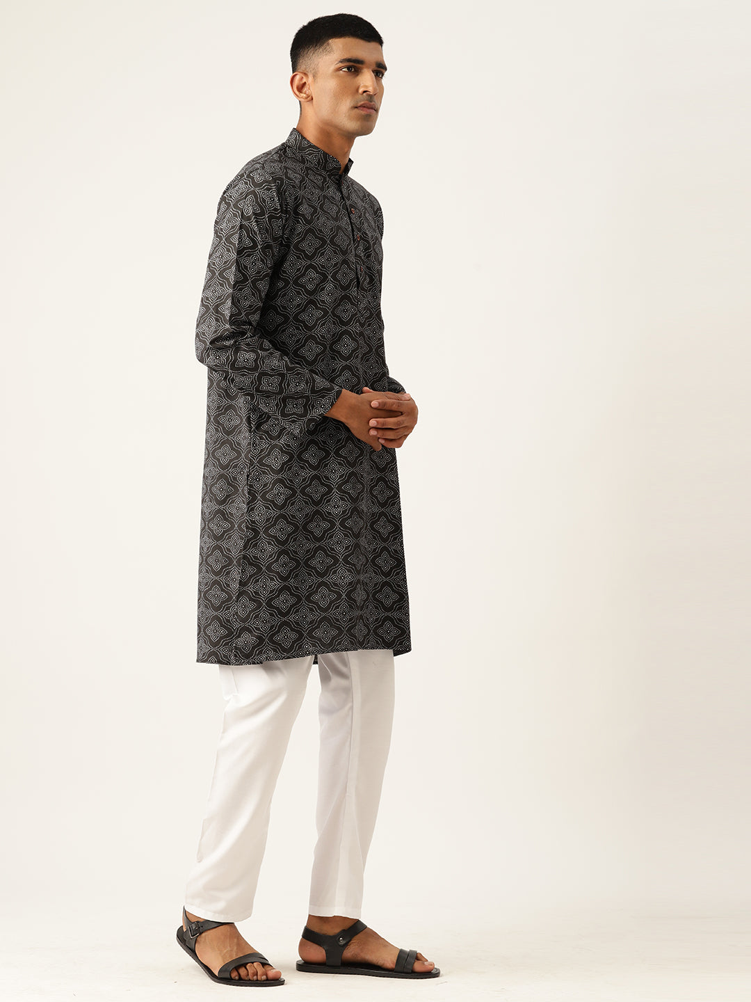 Block Printed Mandarin Collar Cotton Linen Black Straight Kurta