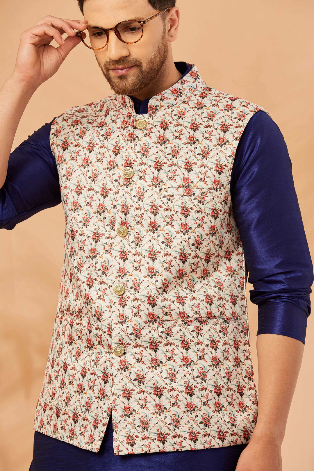 Harmony in Style Cream and Red Nehru Jacket for Men