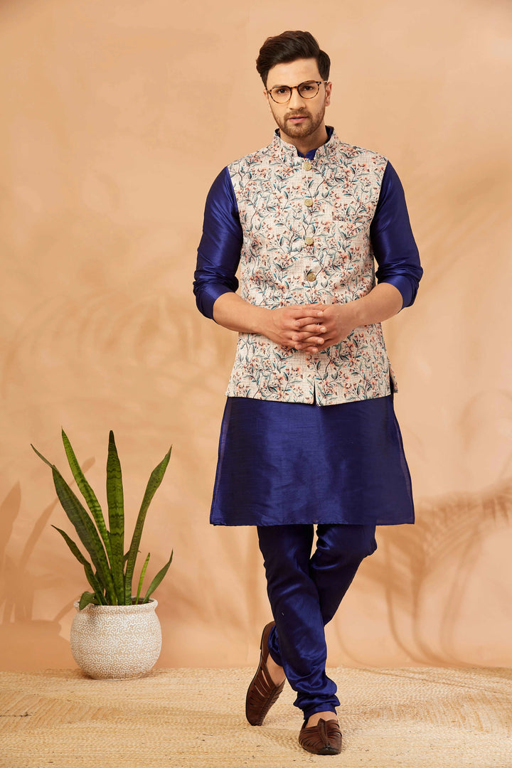 Blooms of Elegance Cream Flower Print Nehru Jacket for Men