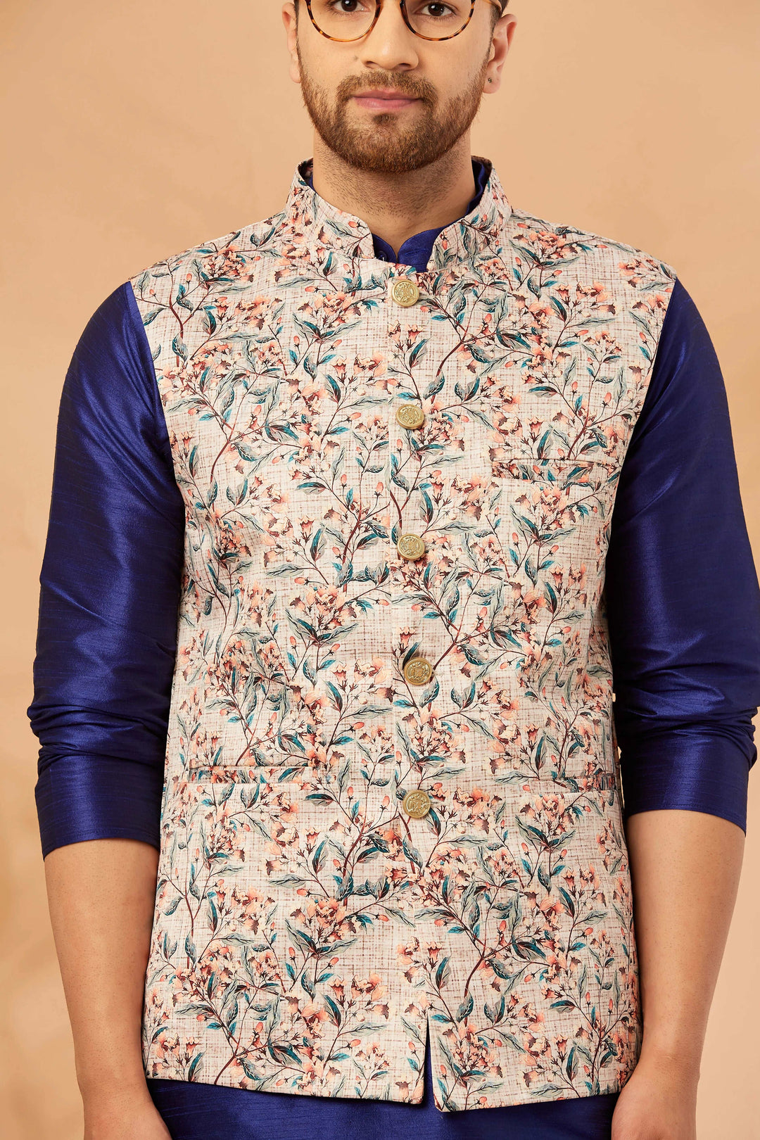 Blooms of Elegance Cream Flower Print Nehru Jacket for Men