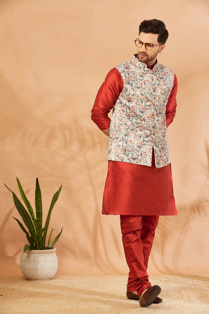 Sophisticated Style Silk Bandi Jacket and Kurta Pajama Ensemble for Men's