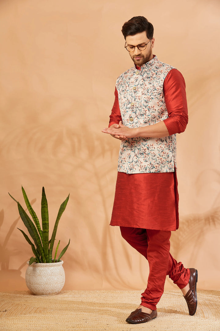 Sophisticated Style Silk Bandi Jacket and Kurta Pajama Ensemble for Men's