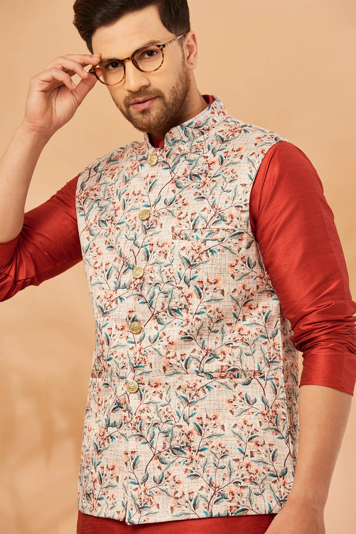 Sophisticated Style Silk Bandi Jacket and Kurta Pajama Ensemble for Men's