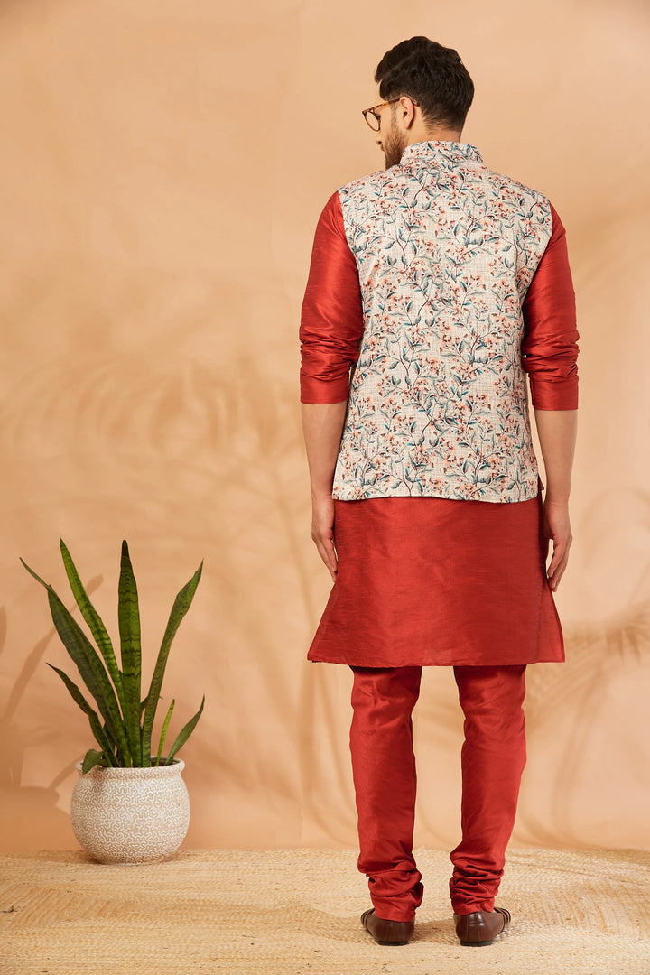 Sophisticated Style Silk Bandi Jacket and Kurta Pajama Ensemble for Men's