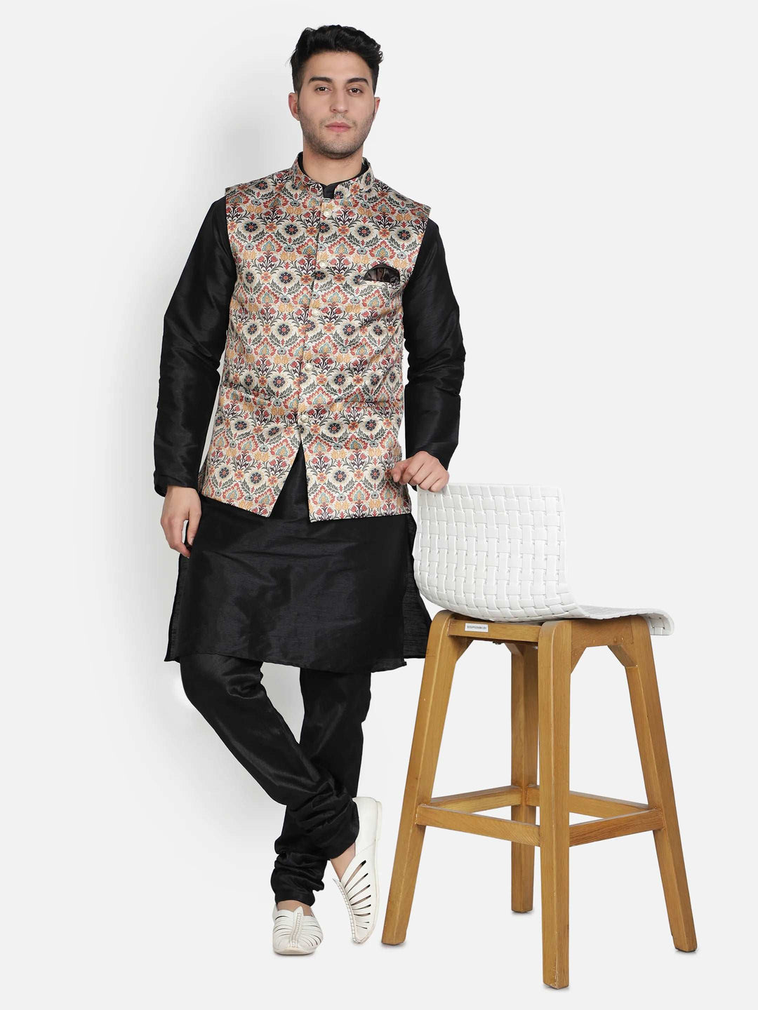 Harmony in Contrast Black and Green Flower Print Nehru Jacket for Men