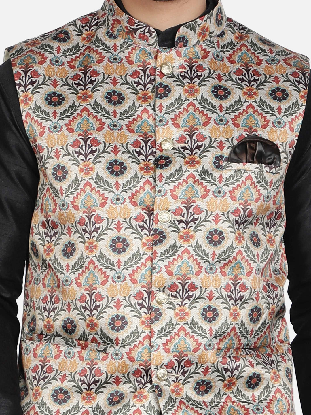 Harmony in Contrast Black and Green Flower Print Nehru Jacket for Men