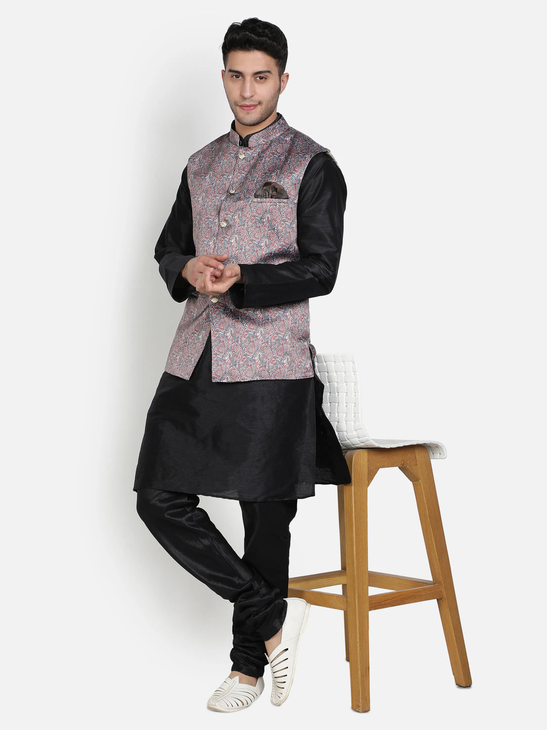 Grey Printed Nehru Jacket for Men