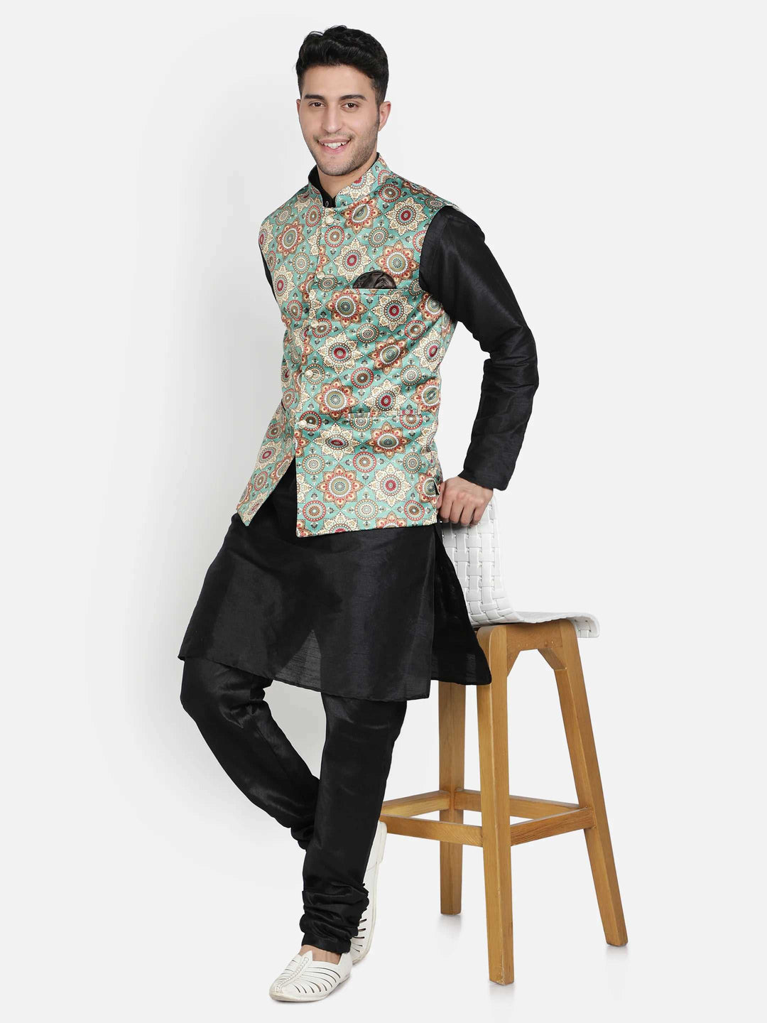 Green Elegance Discover Style with Our Printed Bandi Jacket for Men