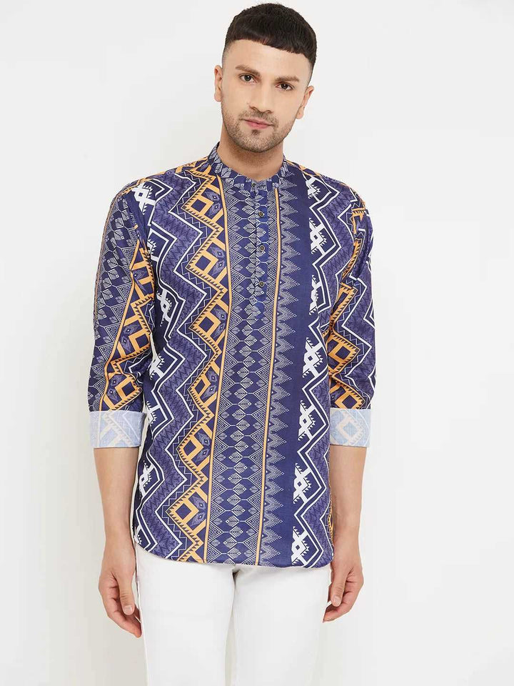 Elegance Men's Stylish Navy Blue Printed Short Kurtas for Effortless Charm