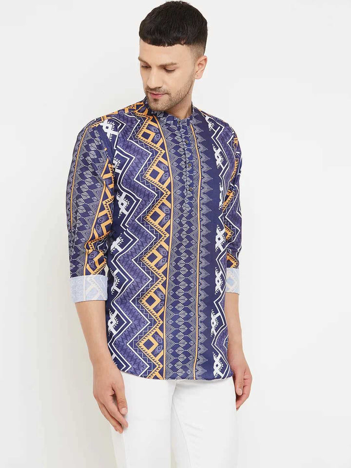 Elegance Men's Stylish Navy Blue Printed Short Kurtas for Effortless Charm