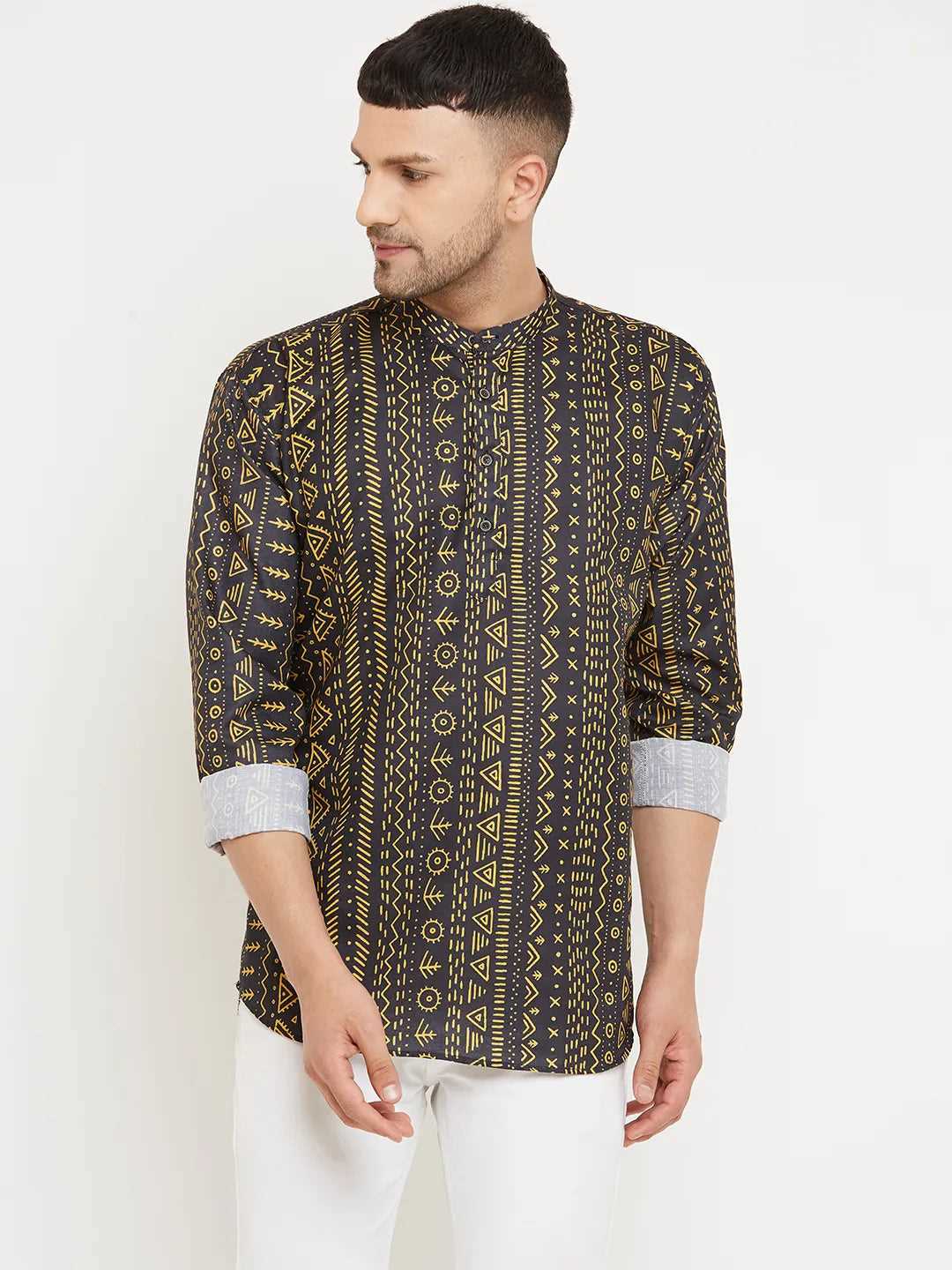 Bold Fusion Men's Black & Yellow Printed Short Kurtas for Distinctive Style