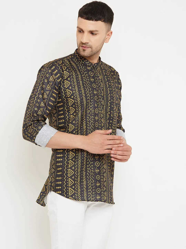 Bold Fusion Men's Black & Yellow Printed Short Kurtas for Distinctive Style