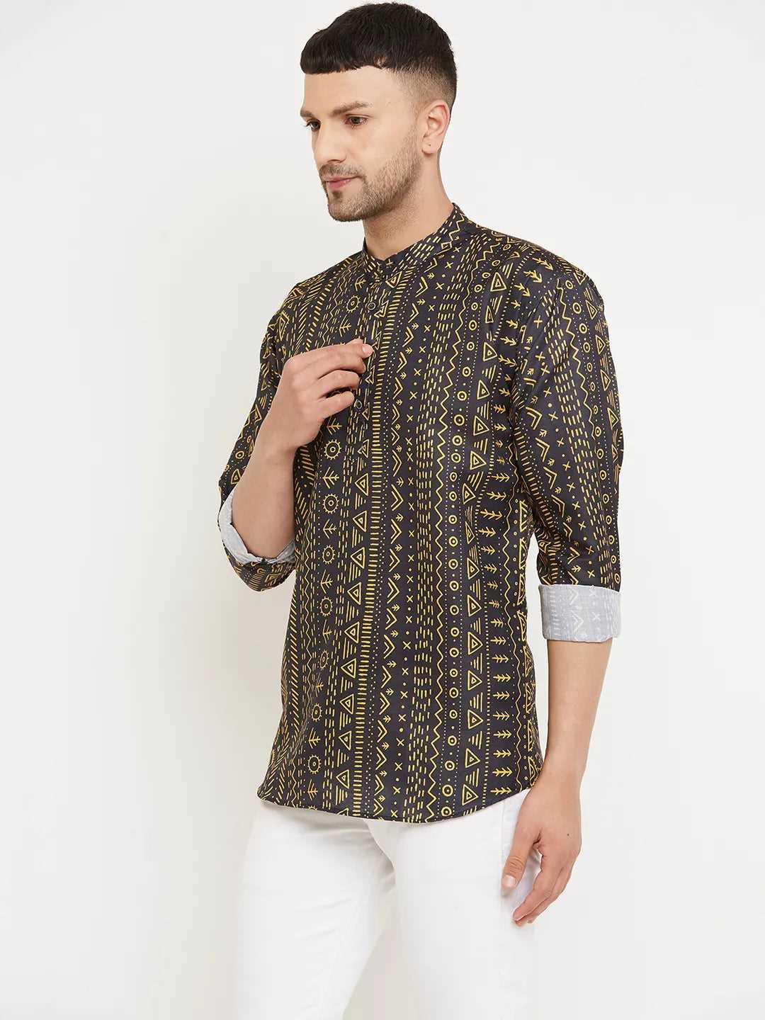 Bold Fusion Men's Black & Yellow Printed Short Kurtas for Distinctive Style