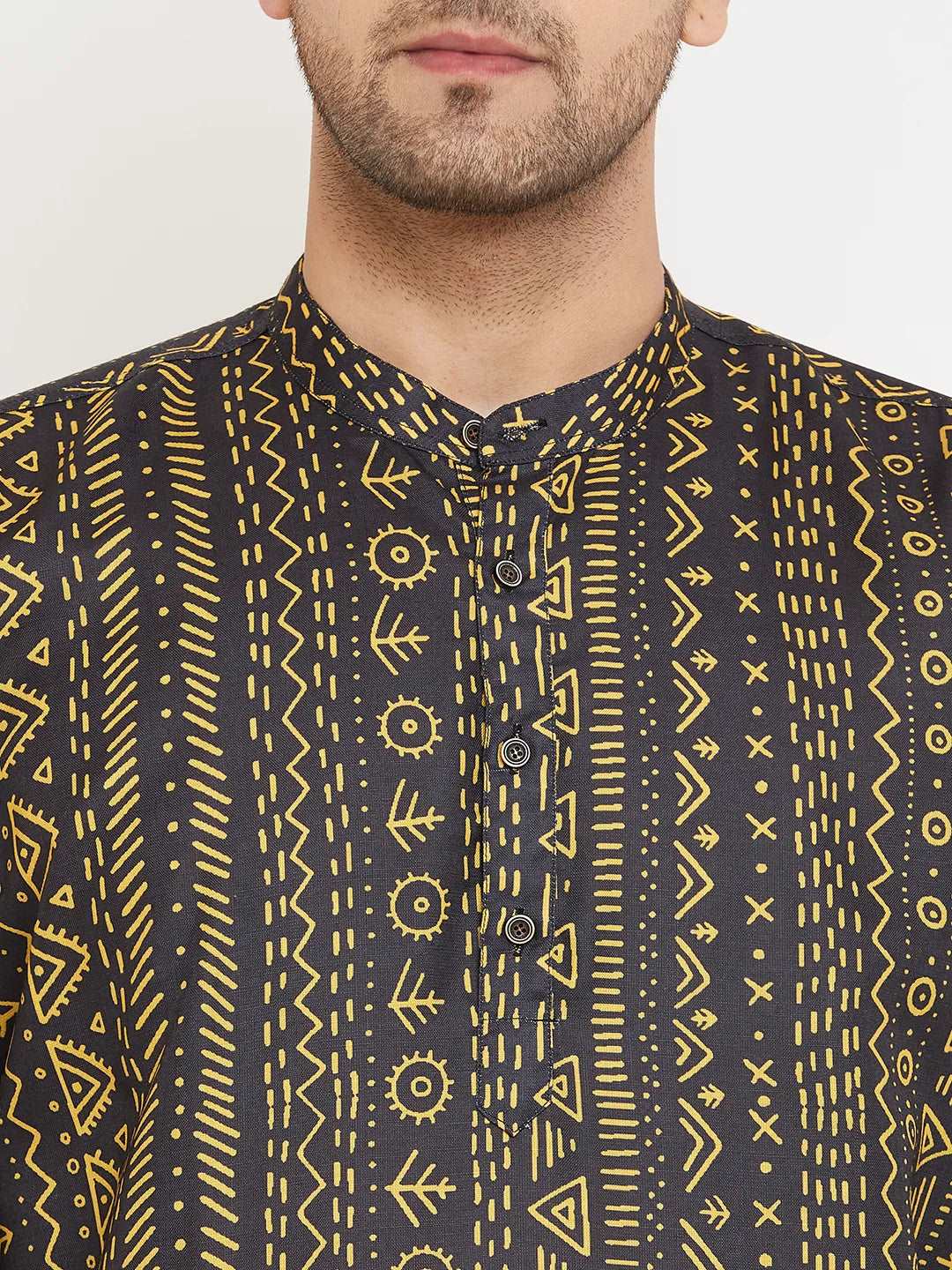 Bold Fusion Men's Black & Yellow Printed Short Kurtas for Distinctive Style