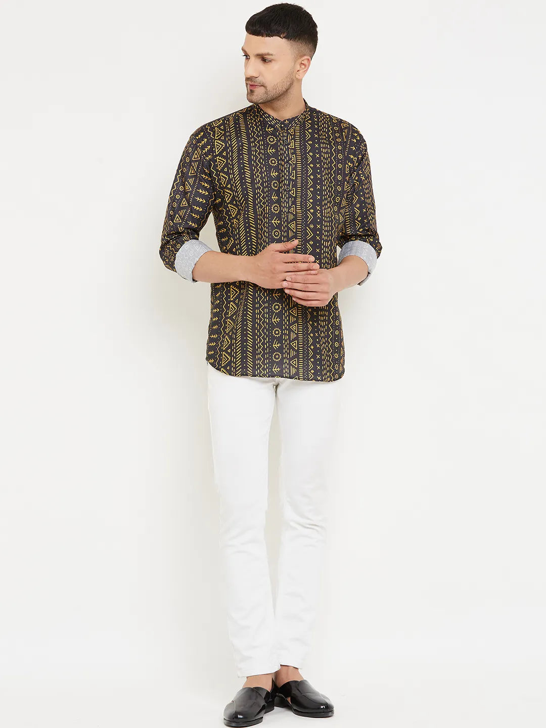 Men's Black & Yellow Printed Short Kurtas for Distinctive Style