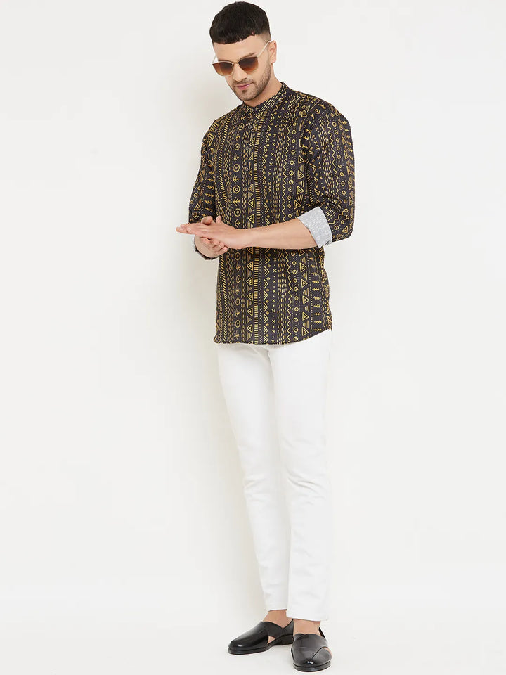 Men's Black & Yellow Printed Short Kurtas for Distinctive Style