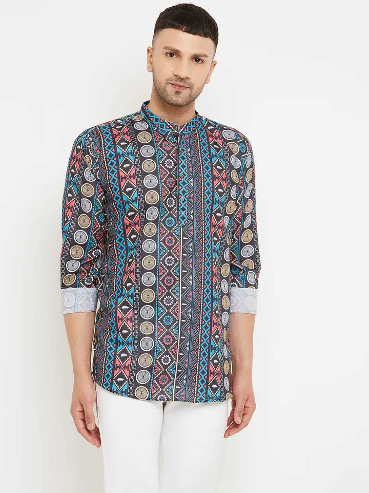 Dapper Fusion Men's Black & Blue Printed Short Kurtas