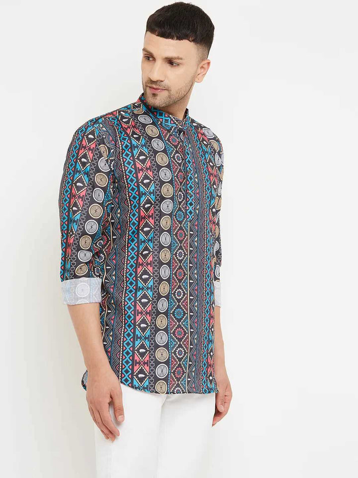 Dapper Fusion Men's Black & Blue Printed Short Kurtas