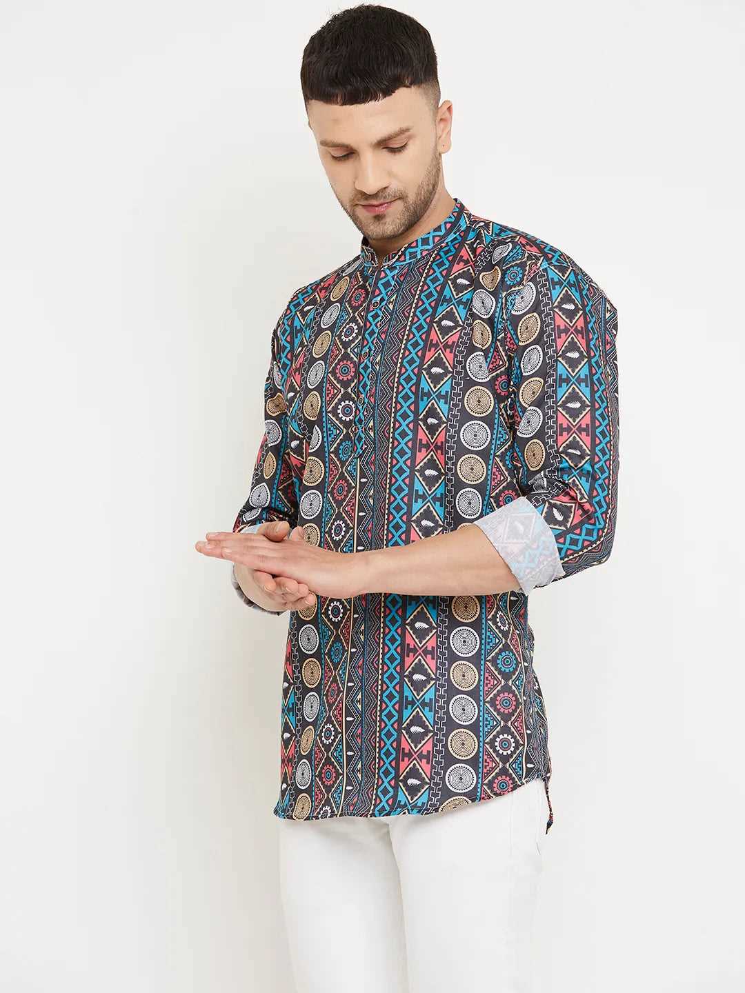 Dapper Fusion Men's Black & Blue Printed Short Kurtas