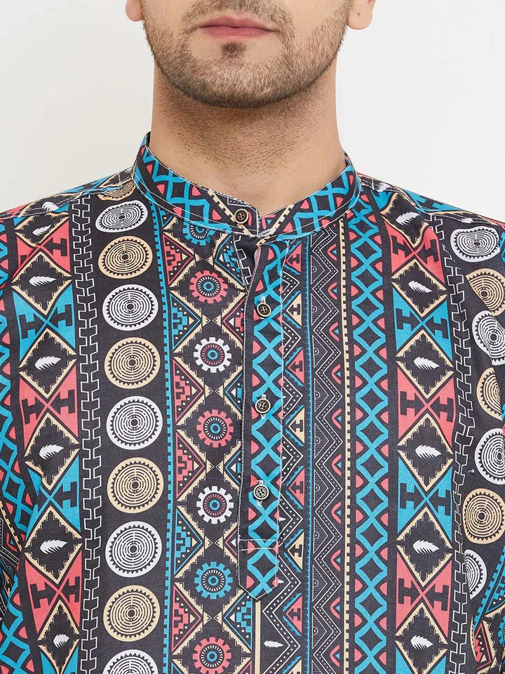 Dapper Fusion Men's Black & Blue Printed Short Kurtas