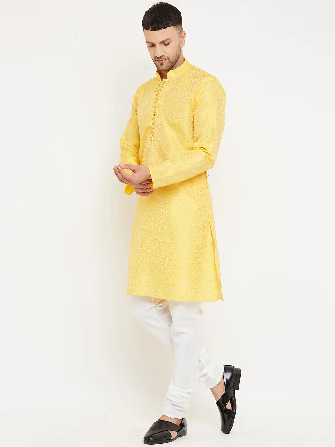 Sunny Splendor Yellow Designer Kurta Churidar Sets for Men's Distinctive Elegance