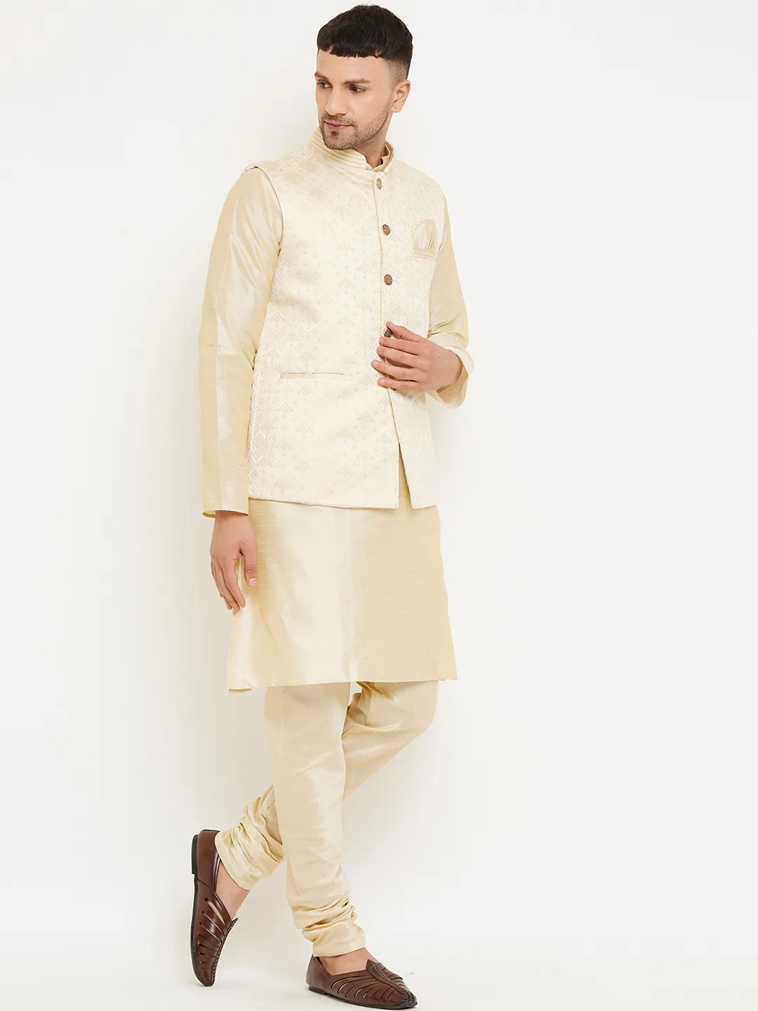 Timeless Elegance Beige Nehru Jacket Kurta with Churidar Pajama Set for Men – Classic Charm in Subtle Hues