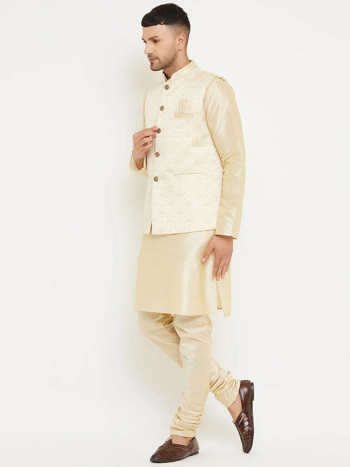 Timeless Elegance Beige Nehru Jacket Kurta with Churidar Pajama Set for Men – Classic Charm in Subtle Hues