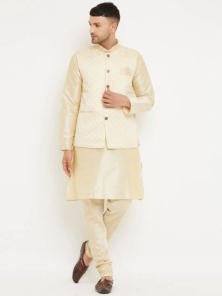 Subtle Sophistication Beige Nehru Jacket Kurta with Churidar Pajama Set – Timeless Elegance for Men's Ethnic Wardrobe