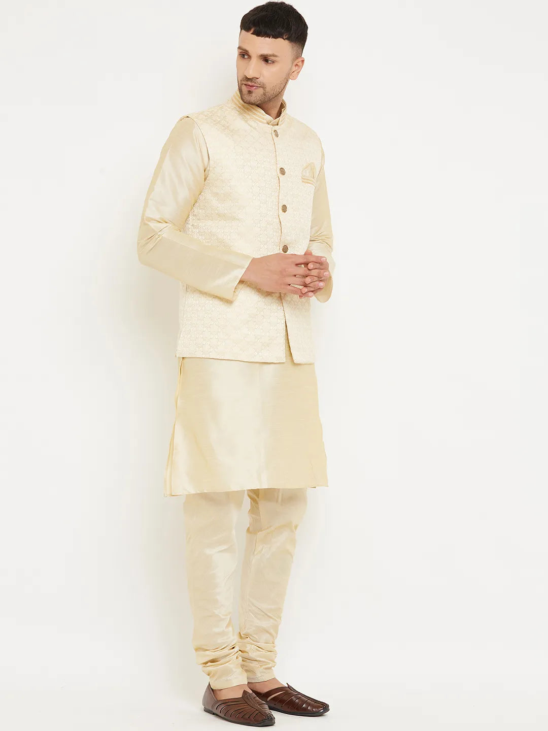 Subtle Sophistication Beige Nehru Jacket Kurta with Churidar Pajama Set – Timeless Elegance for Men's Ethnic Wardrobe