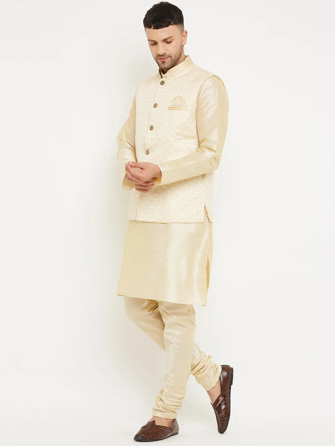 Subtle Sophistication Beige Nehru Jacket Kurta with Churidar Pajama Set – Timeless Elegance for Men's Ethnic Wardrobe