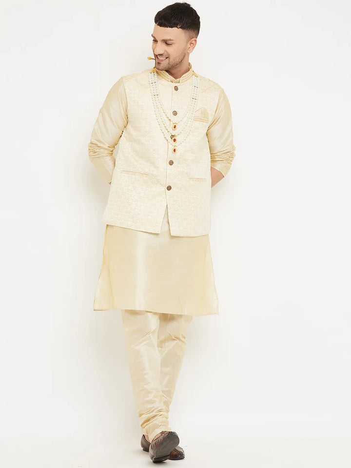 Subtle Sophistication Beige Nehru Jacket Kurta with Churidar Pajama Set – Timeless Elegance for Men's Ethnic Wardrobe