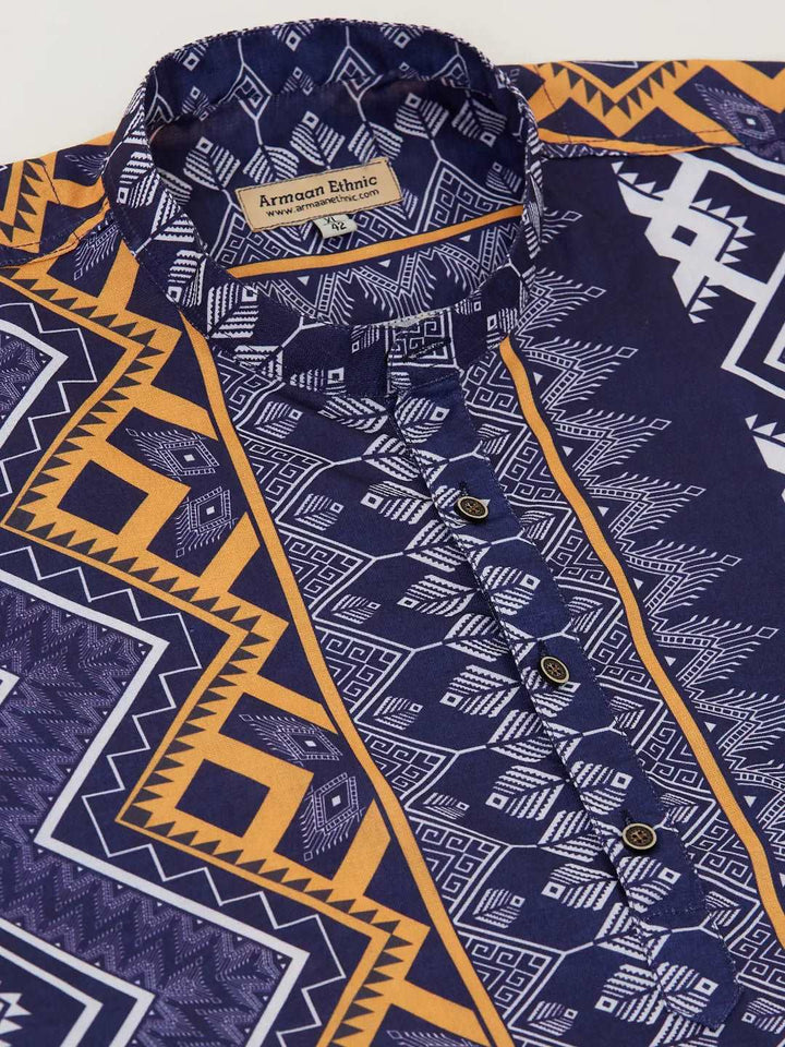 Elegance Men's Stylish Navy Blue Printed Short Kurtas for Effortless Charm