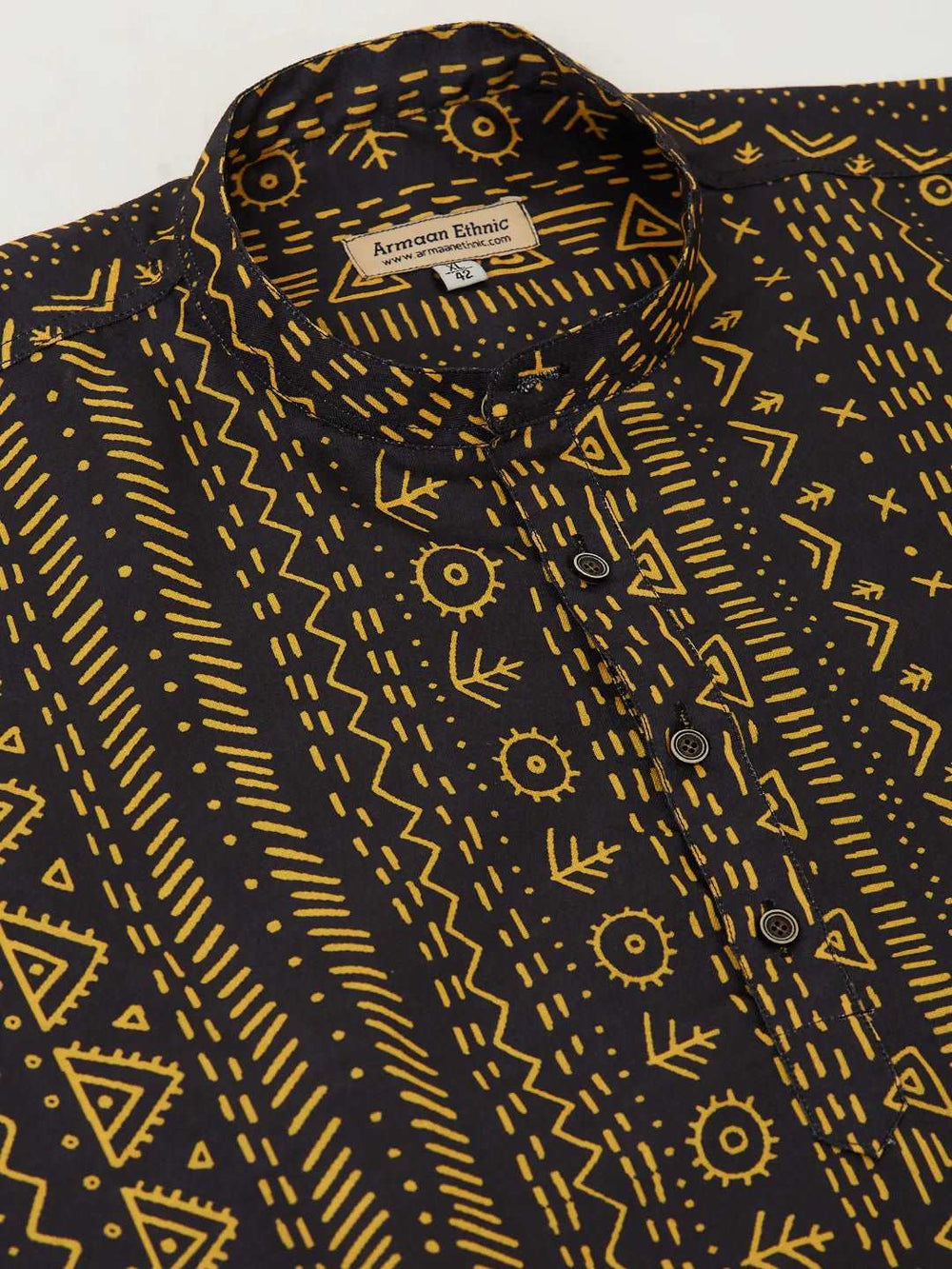 Bold Fusion Men's Black & Yellow Printed Short Kurtas for Distinctive Style