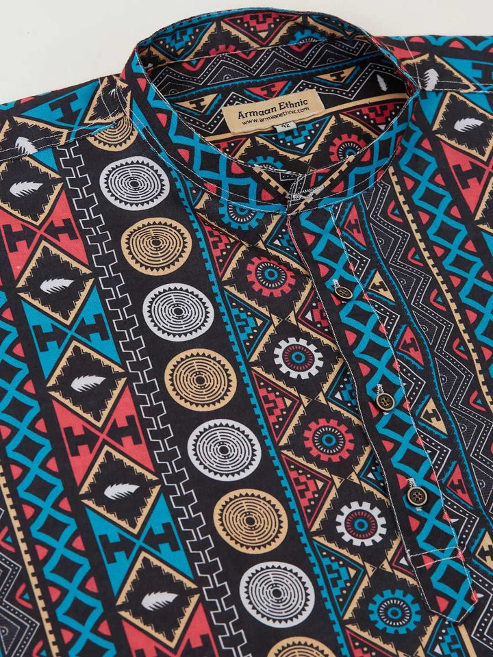 Dapper Fusion Men's Black & Blue Printed Short Kurtas