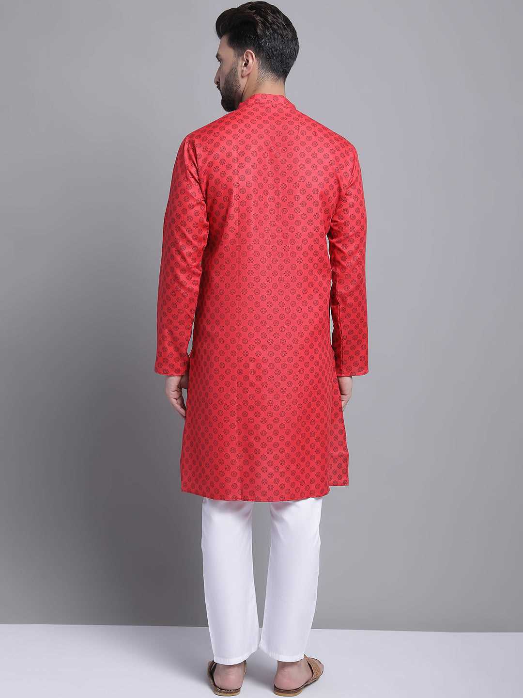 Men's Blend Cotton Printed Regular Red Kurta With Pajamas.