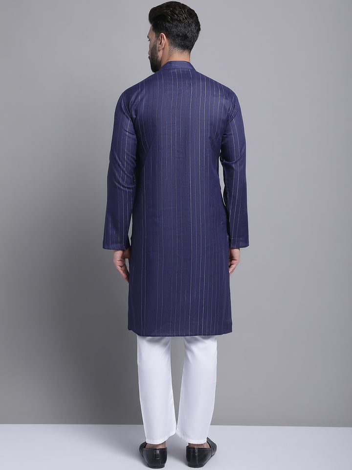 Men's Lining Cotton Regular Navy Blue Kurta With Pajamas.