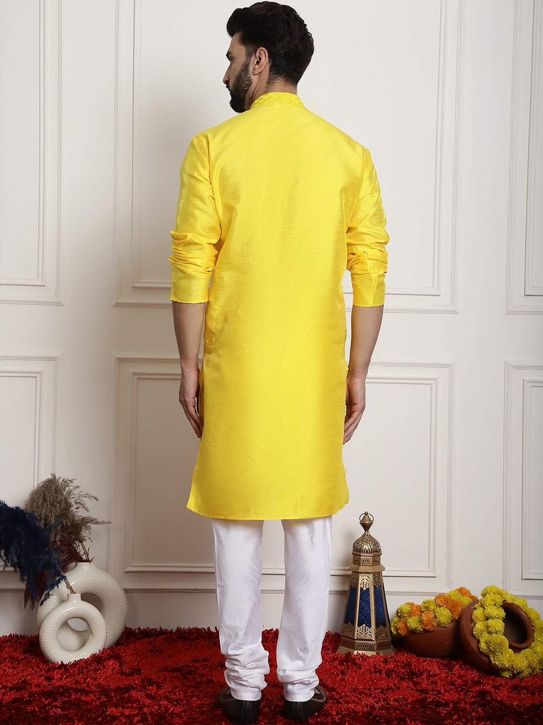 Yellow Solid Embroidered Kurta Churidar Pyjama Set for Men