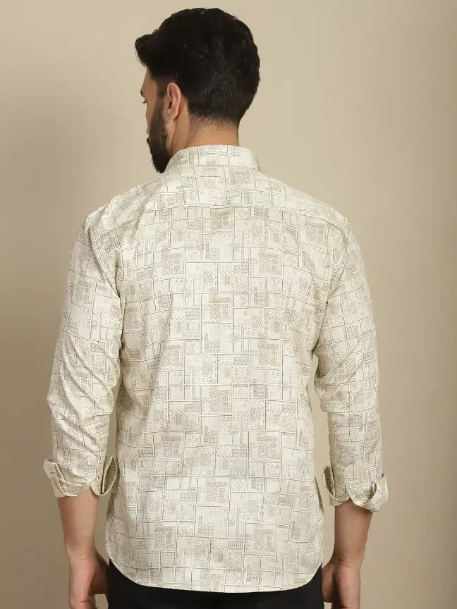 Satin Beige Pure Cotton Abstract Printed Casual Shirt for Men