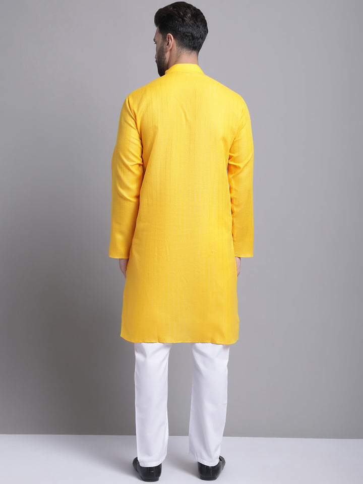 Men's Lining Cotton Regular Yellow Kurta With Pajamas.