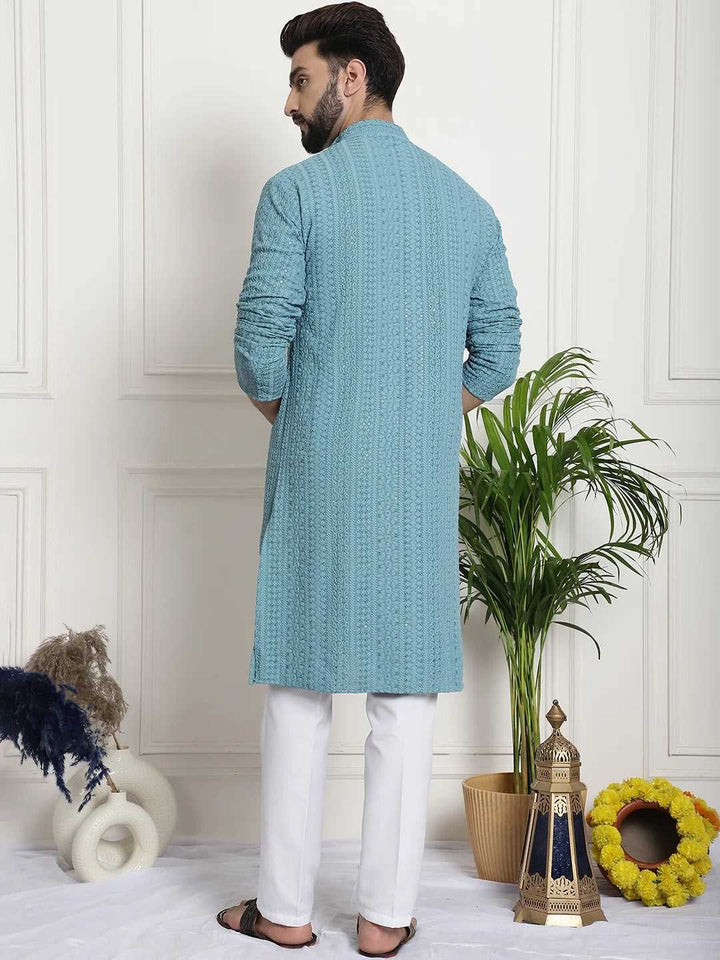 Men's Blue Chikankari Embroidered & Sequence Kurta Pant Set