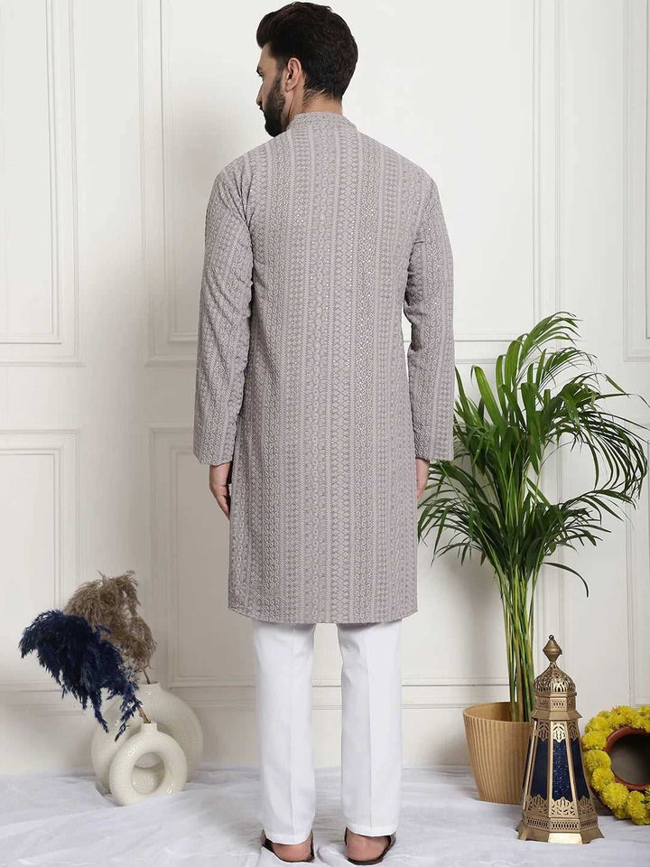 Men's Grey Chikankari Embroidered & Sequence Kurta Pant Set