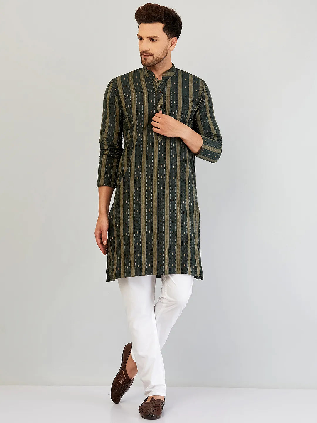 Emerald Elegance Self-Design Cotton Kurta Pyjama Set for Men