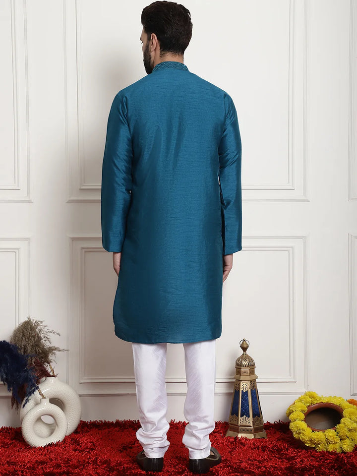 Peacock Splendor Solid Plain Embroidered Kurta Pyjama Set for Men in Stunning Peacock Blue – Timeless Elegance and Modern Sophistication